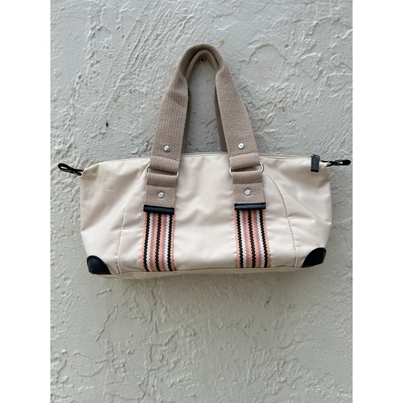 Victoria's Secret Handbags - Victoria's Secret Cream Nylon Satchel Handbag Pink Black Striped Webbing Straps